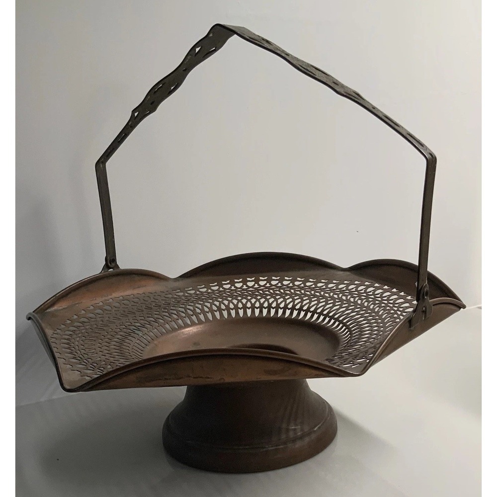 Vintage Copper Calling Card Filigree Metal Basket Swivel Handle Rare